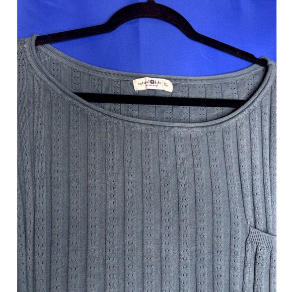 Natural Life Teal Love Flower Ribbed Cropped Cable Knit Crewneck Sweater Boho XL - Picture 3 of 9